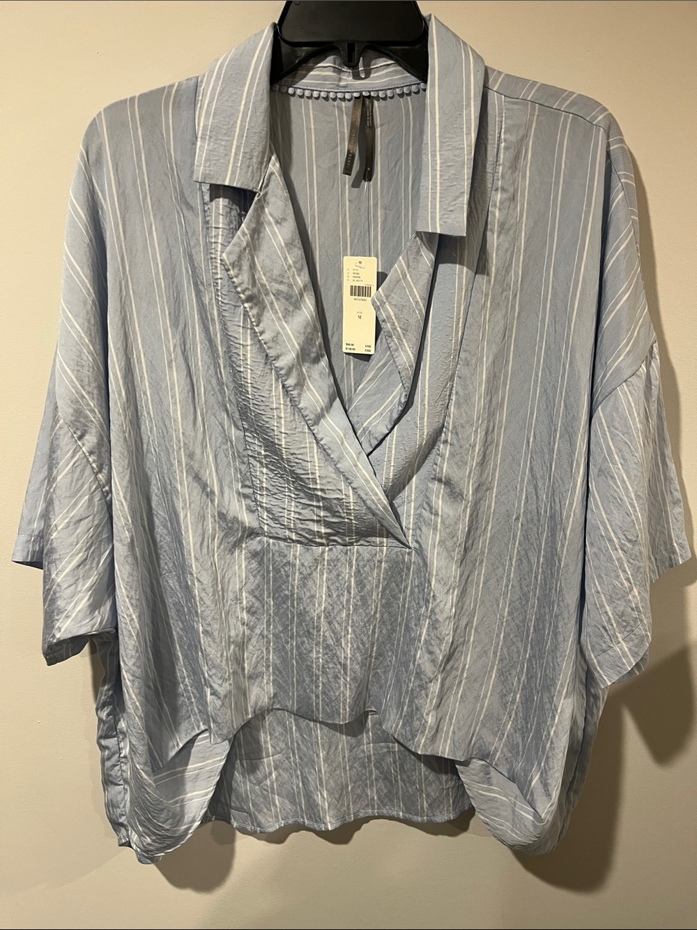 Anthropologie Light Blue and White Striped Boxy V-Neck Tunic